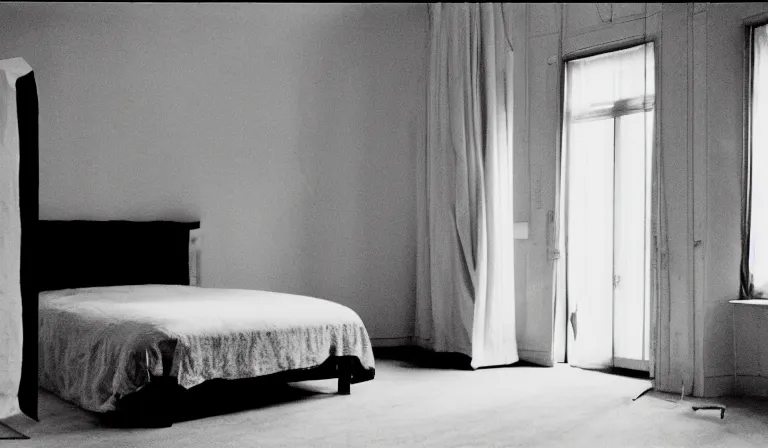 Image similar to A bedroom designed by Marcel Duchamp, 35mm film, long shot