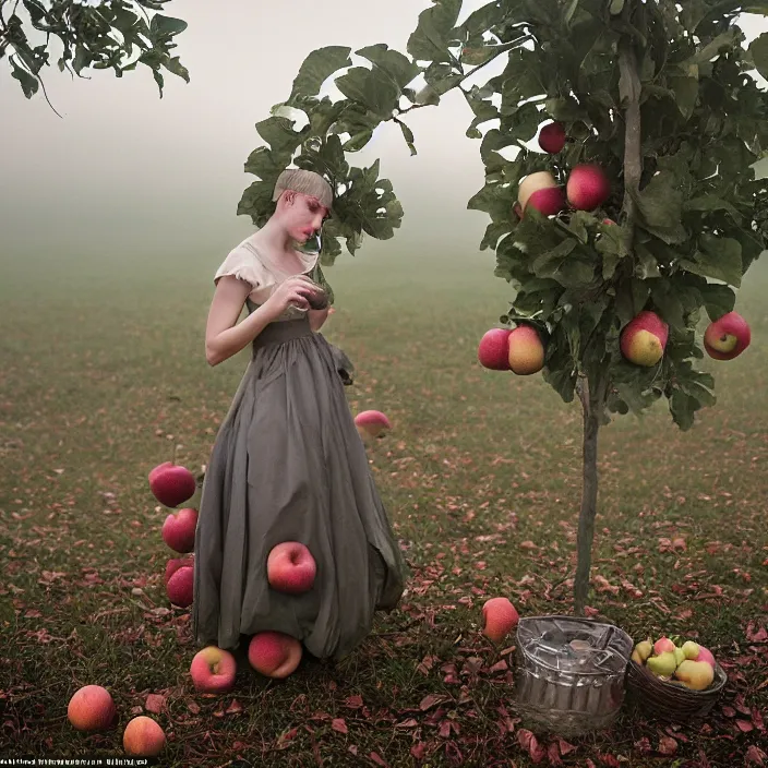 Image similar to a closeup portrait of a woman wearing an inflatable dress, picking apples from a tree, foggy, moody, photograph, by vincent desiderio, canon eos c 3 0 0, ƒ 1. 8, 3 5 mm, 8 k, medium - format print