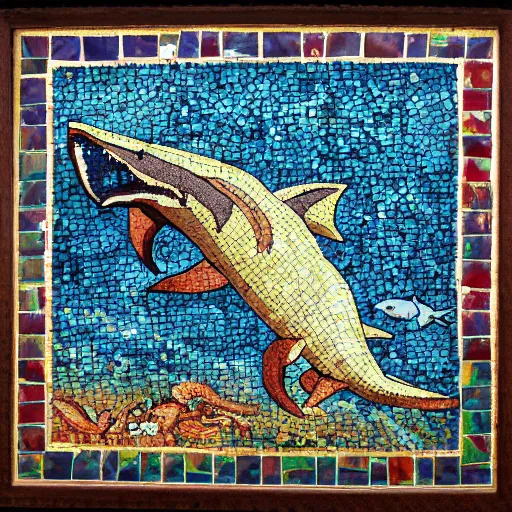 Image similar to impressionist mosaic of shark eating squid