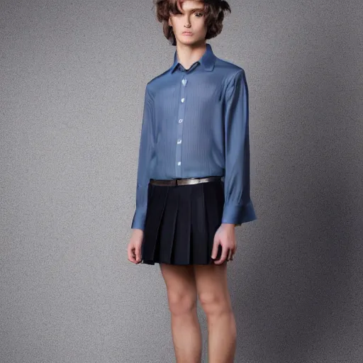 Image similar to A young pretty male model showcasing a very cute pleated miniskirt and blouse. Studio lighting