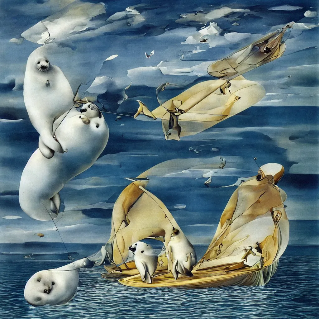 Prompt: baby harp seal sailing a trimaran, painting by salvador dali, surrealism