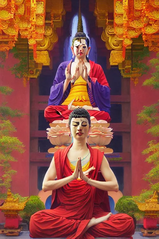 Image similar to buddhism, temple, colorful clothes, lotus, painting by greg rutkowski, j. c. leyendecker, artgerm
