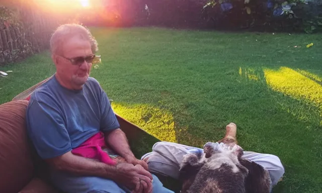 Prompt: My dad Steven just took a hit from the bongo and have good time being gracefully relaxed in the garden, sunset lighting