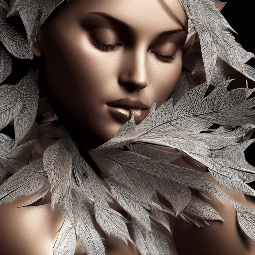 Image similar to a highly detailed digital image of a futuristic woman elegantly wrapped with leaves which are made of silver, by Andrea Chiampo, artstation and Frederik Heyman, extremely detailed woman, stunning volumetric lighting, hyper realism, fantasy 4k