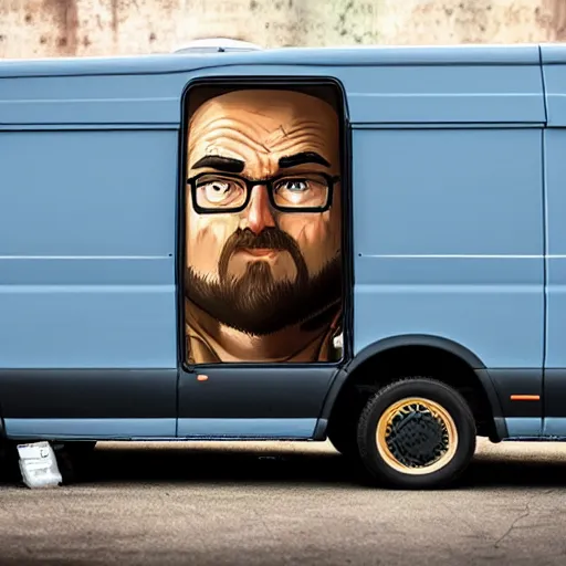Image similar to a frowning creative director in front of a sprinter van, illustration by jordan grimmer and greg rutkowski