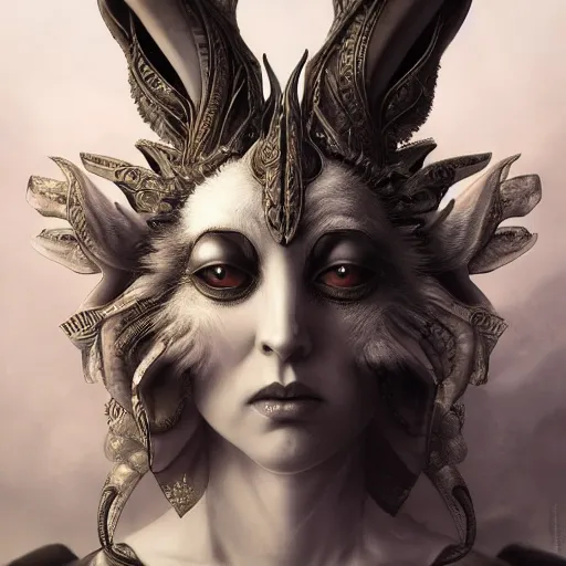 Prompt: tom bagshaw, soft painting fractal curiosities carnival, very beautiful female rabbit hybrid in full ornated nightshade armor, symmetry accurate features, focus, very intricate ultrafine details, black white purple volumetric clouds, award winning masterpiece, octane render 8 k hd