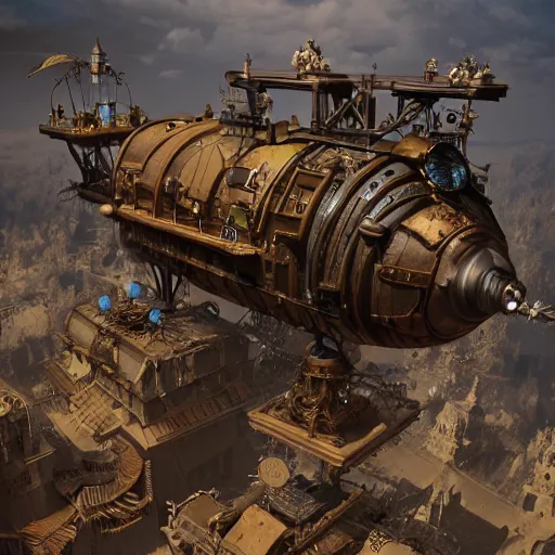 Prompt: flying steampunk fortress, extremely detailed, behrens style, unreal 5 render, fantasy digital art, octane render, beautiful composition, trending on artstation, award - winning photograph, masterpiece