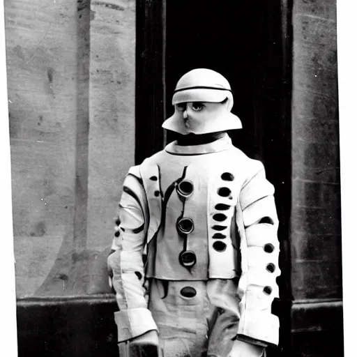 Prompt: a time traveler dressed in a futuristic experimental suit. in a black and white historical picture from 1 9 2 0,