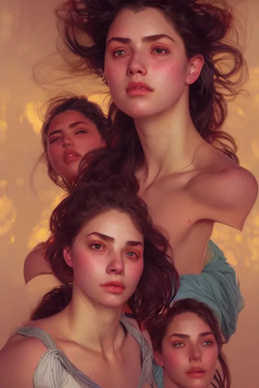 Image similar to three college girls rolling hard on ecstasy glistening with sweat and kissing sensualy, realistic portrait, highly detailed, digital painting, artstation, concept art, smooth, sharp focus, illustration, cinematic lighting, art by artgerm and greg rutkowski and alphonse mucha