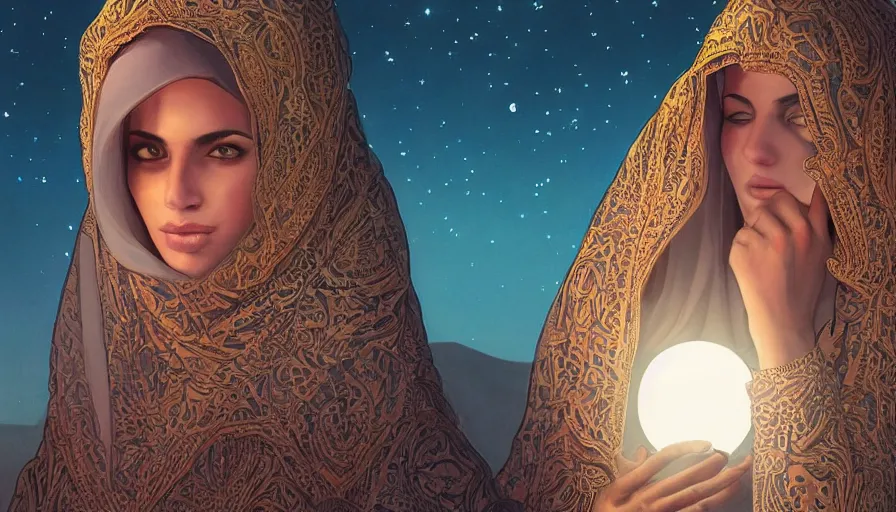 Image similar to Portrait of very very very very very very beautiful Arab woman wearing a Niqab, under giant full moon in the desert, intricate, glowing magical eyes, energy trails, elegant, highly detailed, digital painting, artstation, concept art, smooth, sharp focus, illustration, art by artgerm and greg rutkowski and alphonse mucha