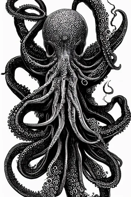 Image similar to black ink on paper, alien octopus, trending on artstation, beautiful, intricate, detailed