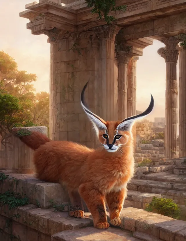 Prompt: cute fluffy caracal in a ancient greek city | | cute, key visual, realistic shaded perfect face, fine details by stanley artgerm lau, wlop, rossdraws, james jean, andrei riabovitchev, marc simonetti, and sakimichan, trending on artstation