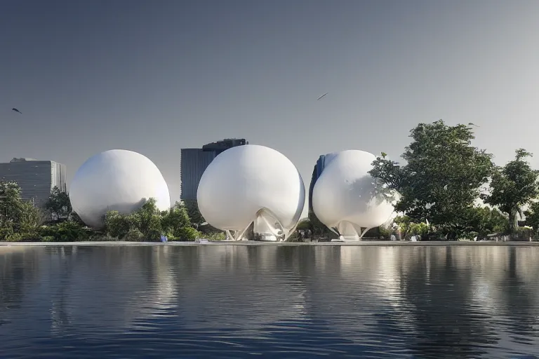 Prompt: many white round spherical buildings are combined to form a building, it depends on each other to form a modern science fiction building ， by pierre bernard, on the calm lake, people's perspective, future, interior wood, marble, award winning, highly detailed 4 k art, dusk, unreal engine highly rendered, global illumination, radial light, internal environment