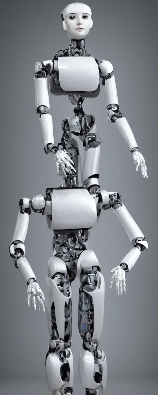 Image similar to a very realistic and high detailed portrait of a humanoid robot in human body form standing in front white background