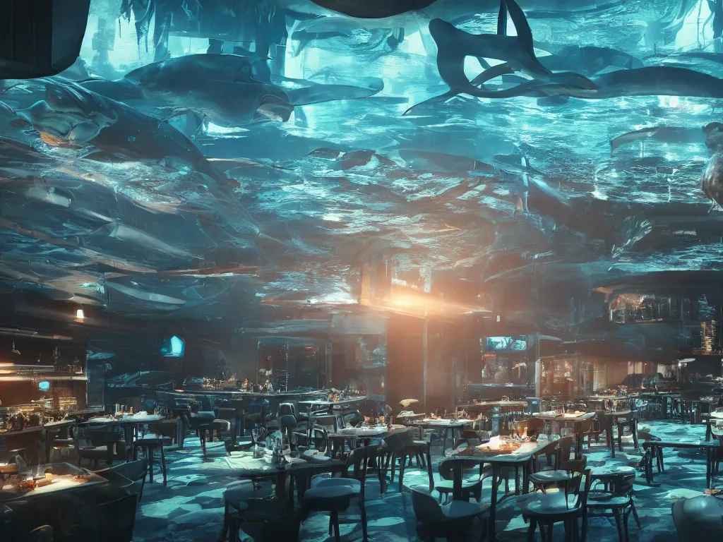 Prompt: Cyberpunk restaurant under water with whales, black ceiling and people inside the restaurant. Rays of light shines through the water. Cinematic, ArtStation, realistic photograph, ambient, rays, lens flares. Unreal Engine, Blender, Maya, rendered by Octane, Arnold.