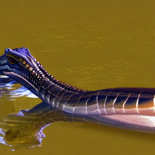 Image similar to curious indian gharial playing in the water going down a slide, artstation, colorful