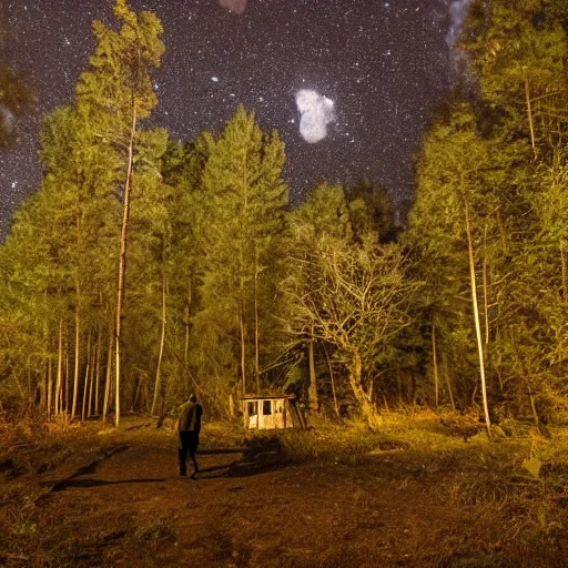 Image similar to A giant man walking through a forest at night, small shack in the distance, long shot angle