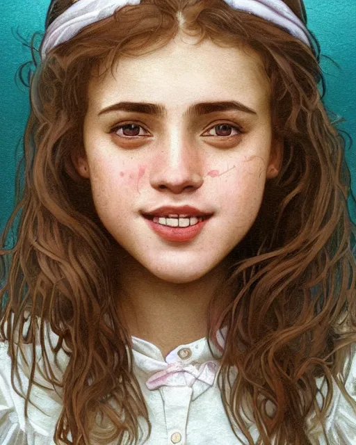 Image similar to close up portrait of 1 5 - year - old girl, smile with large front teeth, hermione granger, very bushy brown hair, and very bright brown eyes, wearing white shirt, hyper realistic face, beautiful eyes, close up, fantasy art, in the style of greg rutkowski, intricate, alphonse mucha, hyper detailed, smooth