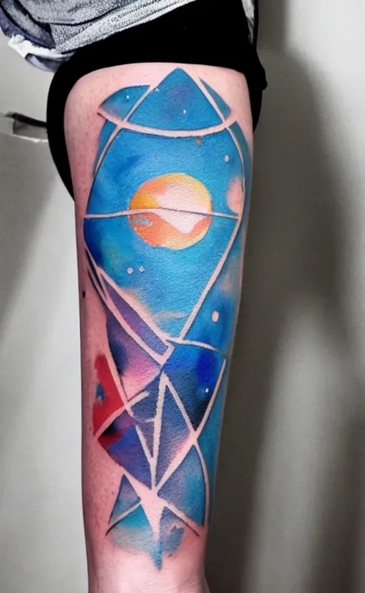 Prompt: watercolor tattoo design of the solar system and triangles