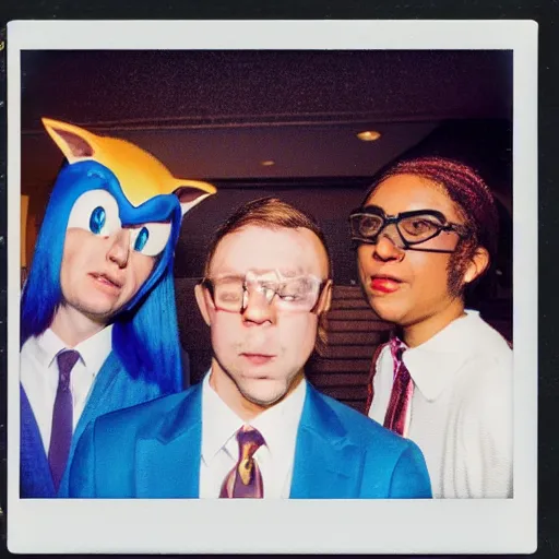 Image similar to polaroid photo of jehovah's witnesses cosplaying sonic characters with makeup, color photo, award winning