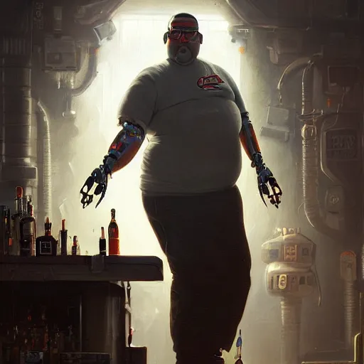 Prompt: portrait of an overweight cyberpunk barkeeper with a prosthetic arm, robot arm, badass, neuromancer, ratz, bar background, painted by greg rutkowski, painted by igor kieryluk, high detail, dramatic light, digital art, trending on artstation