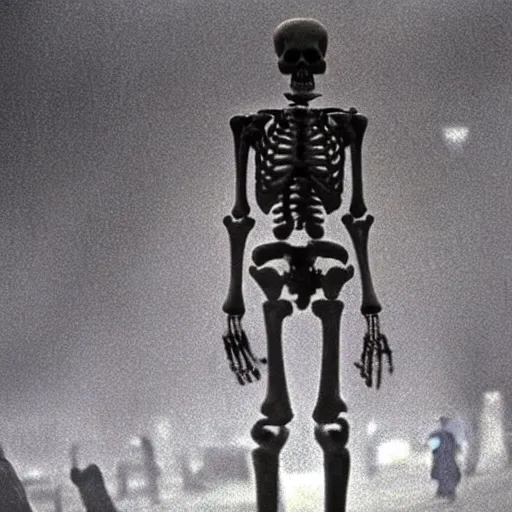 Image similar to a skeleton walking in a cemetery. still from blade runner.