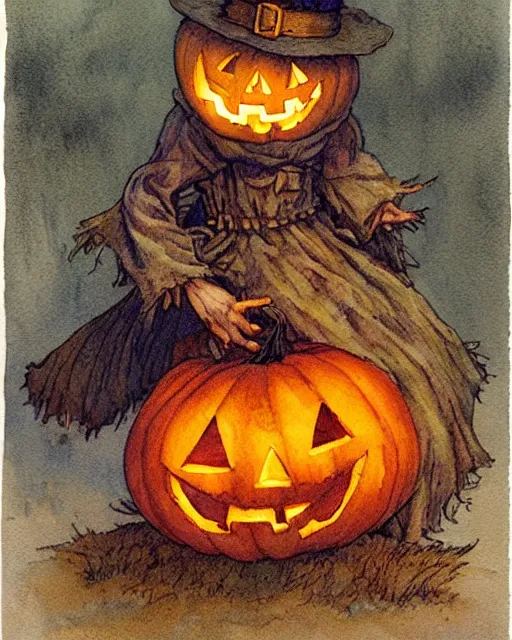 Prompt: a simple and atmospheric watercolour portrait of a scarecrow with a jack - o - lantern head holding a lantern on halloween, very muted colors, by rebecca guay, michael kaluta, charles vess and jean moebius giraud