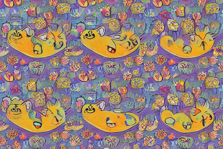 Image similar to beautiful art illustration of a group of happy cats by laurel burch, highly detailed, seamless pattern, tiling