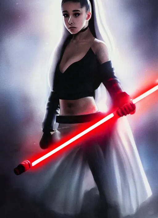 Prompt: Photo of Ariana Grande with a red lightsaber, Star Wars concept art, trending on artstation, dramatic lighting, photo-realistic