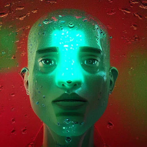 Image similar to a human made out of rain, neon, rendered in octane, unreal engine, highly detailed, realistic, beautiful, emotional