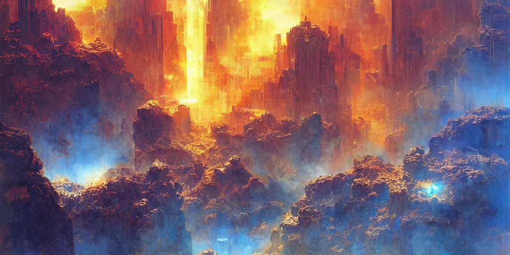 Prompt: supernova, skyscrapers made from blue stones, ruins, golden river, red deset mars, painted by ruan jia, raymond swanland, lawrence alma tadema, zdzislaw beksinski, norman rockwell, jack kirby, tom lovell, alex malveda, greg staples