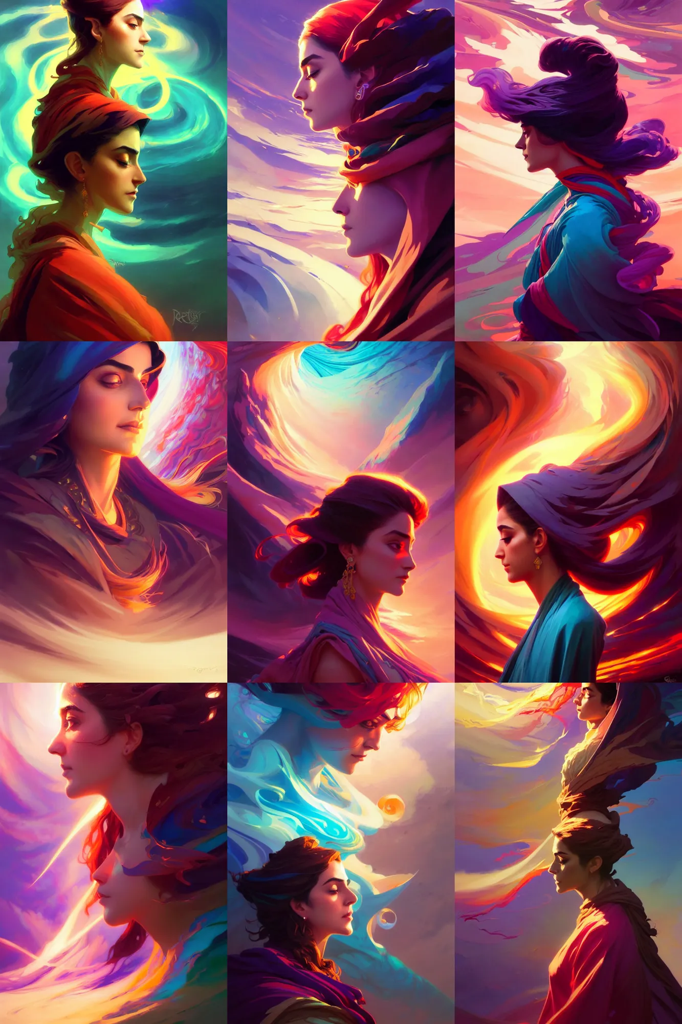 Prompt: side profile, maya ali, wind sorcerer, dota, robes, elegant, concept art, smooth, colorful psychedelic swirly magic ripples, oversaturated colors, by greg rutkowski, jesper ejsing, ilya kuvshinov, artgerm, mucha