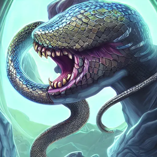 Image similar to snake-face lady, snake-face lady, snake-face lady, epic fantasy digital art, fantasy style art, fantasy hearthstone art style