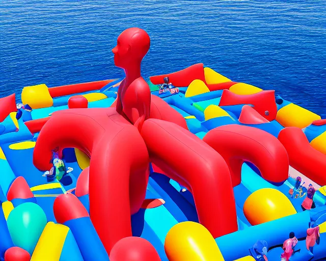 Prompt: a giant abstract sculpture made out of inflatable pool toys in a human head shape, on the surface of the ocean, in the style of chad knight, funny sculpture, long shot, hyper detailed, hyper realistic, ray tracing, 8 k resolution, sharp focus, realistic water, award winning sculpture