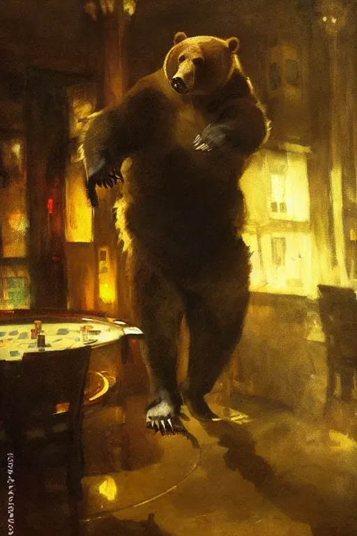 Image similar to portrait of professional gambling bear in the club by anders zorn, wonderful masterpiece by greg rutkowski, beautiful cinematic light, by greg manchess, jessica rossier