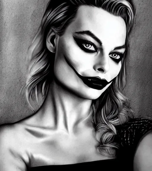 Image similar to tattoo design sketch of beautiful margot robbie portrait with joker makeup, in the style of den yakovlev, realistic face, black and white, realism tattoo, hyper realistic, highly detailed