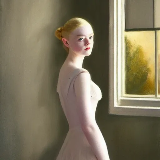 Prompt: Painting of Elle Fanning in Star Wars, long blonde hair, delicate, pale milky white porcelain skin, by Edward Hopper. 8K. Extremely detailed.