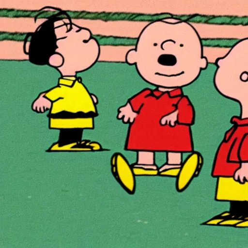 Prompt: Charlie Brown kicking the football