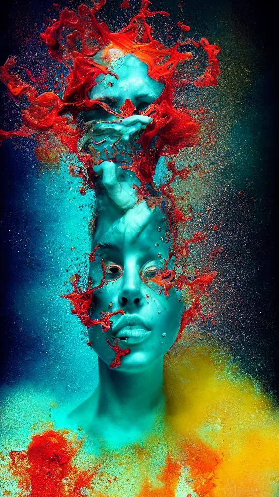 Prompt: underwater ink, centered in the middle of the frame, liquified, highly detailed, vivid colors, photorealism, digital art, 3 d object, octane rendering, unreal engine, by alberto seveso