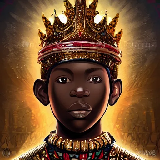 Image similar to a young black boy dressed like an african moorish warrior in gold armor and a crown with a ruby, and a very ornate glowing electric spear!, for honor character digital illustration portrait design, by android jones in a psychedelic fantasy style, dramatic lighting, hero pose, wide angle dynamic portrait