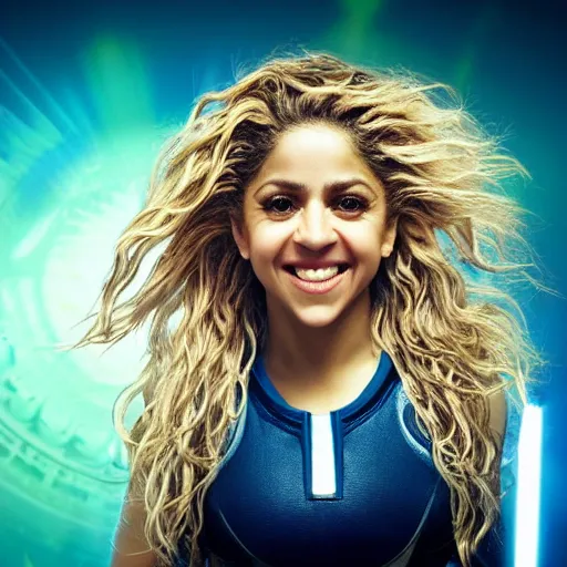 Prompt: of a closeup photo of shakira as a hero sci fi space cosmonaut in a nice action pose, there is an explosion on the background, lighting her with a rim light, she is laughing, f 2. 8, advertising studio lighting,