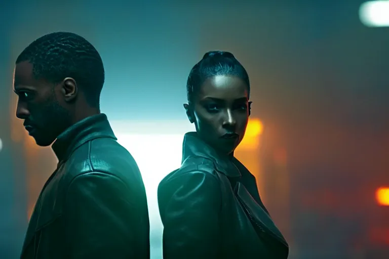 Prompt: film still of closeup beautiful jamaican models couple in blade runner 2 0 4 9, cinematic, moody, gritty neon noir by emmanuel lubezki