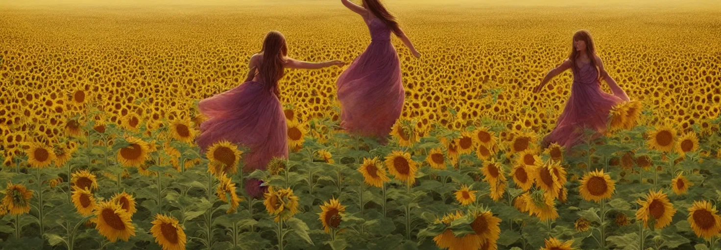 Image similar to beautiful young girl dancing in a fiery dress in a beautiful field of sunflowers and lilies, high detail, very realistic, by greg rutkowski, by james gurney ultra clear detailed, digital painting by ( ( makoto shinkai ) ), moebius moebius, surrealism, trending on artstation