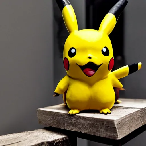 Prompt: Pikachu Sculpture made out of planks