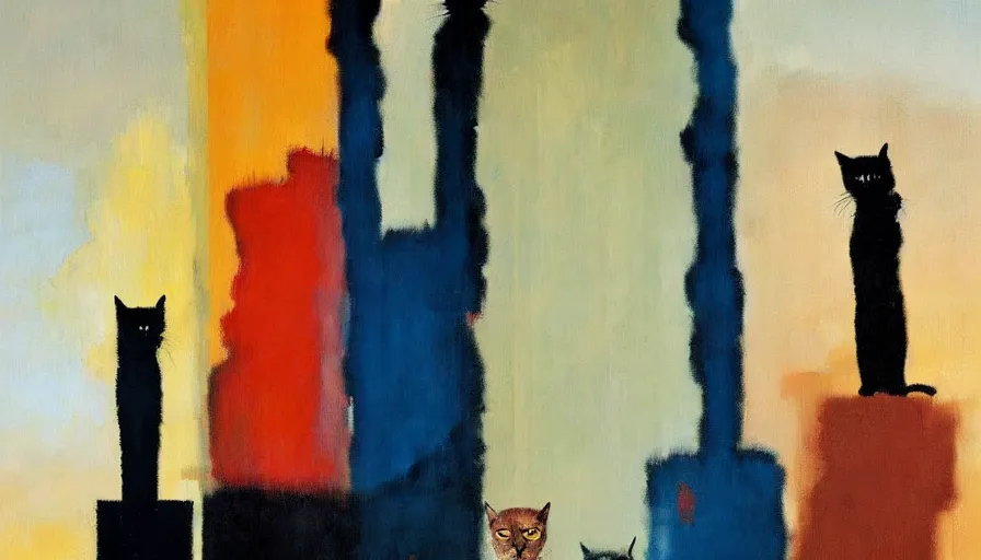 Image similar to contemporary semi abstract acrylic painting of really tall cats by rothko, by greg rutkowski, kessler art, thick brush strokes and visible paint layers, multicolor color scheme