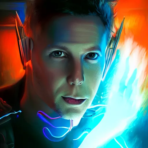 Image similar to a digital painting of michael rosenbaum dressed as the flash,,, cyberpunk art by sim sa - jeong, cgsociety, synchromism, detailed painting, glowing neon, digital illustration, perfect face, extremely fine details, realistic shaded lighting, dynamic colorful background