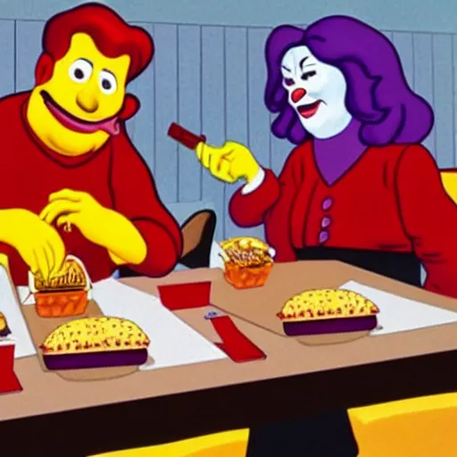 Prompt: Grimace and Ronald McDonald eating a burger while KFC King is bound and gagged in the corner