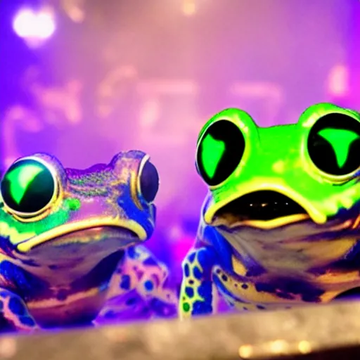 Image similar to futuristic frogs having a rave party in a club