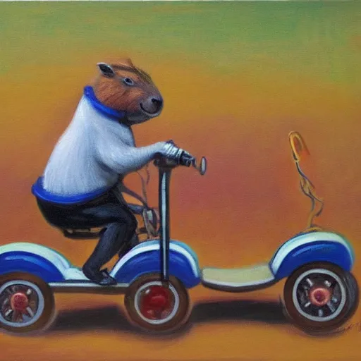 Prompt: painting of a capybara riding a razor scooter in the style of Claude Monet