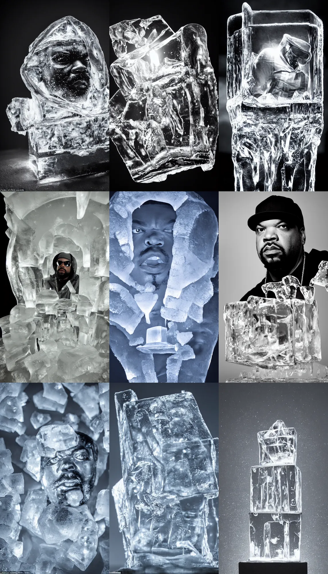 Prompt: dramatic photo, the rapper'ice cube'carved out of ice, lit from bottom, full body, wide angle photo, award winning